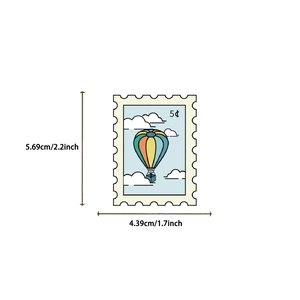 Detailed view of vintage stamp sticker showing hot air balloon design with dimensions