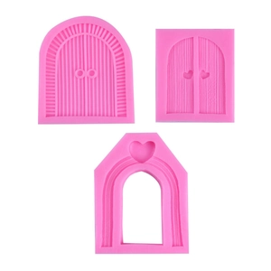 Pink silicone cake molds set featuring fairy tale wooden doors and heart window shapes