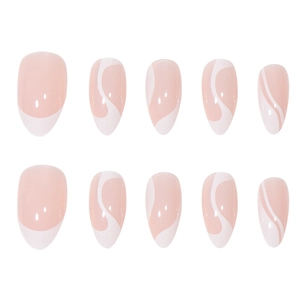Unghie finte minimaliste bianche French line con motivi ondulati rosa forma ovale