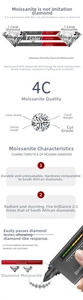 Macro detail of 1ct D Color VVS Moissanite with 4C parameters and testing results