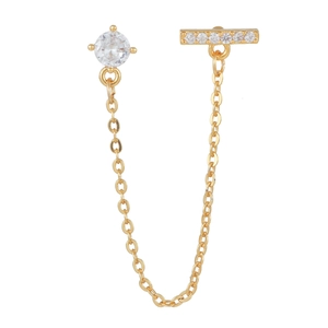 Golden double piercing chain earrings with zircon studs in geometric minimalist style
