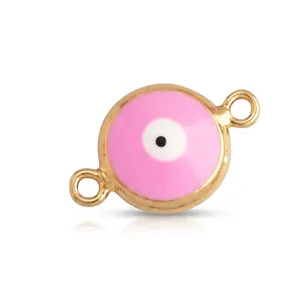 Detailed view of pink enamel Evil Eye jewelry link with measurements 10mm x 16mm