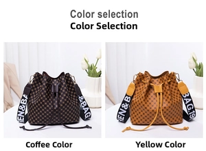 Detail view of coffee and yellow bucket bags with checkered patterns and woven straps