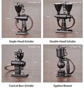 Detailed specs of 3D metal coffee gear keychains including dimensions and weight