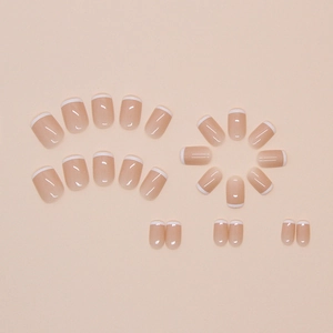 Short square French press-on nails in nude pink with white tips, set of 24 pieces