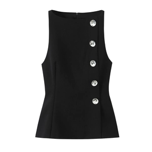 Damen Schwarzes Ärmelloses Top Und High Waist Schleife Skorts Mit Strassknöpfen Polyester Streetwear Elegant