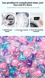 Three-step usage guide and macro view of multi-color five-in-one laundry detergent pods