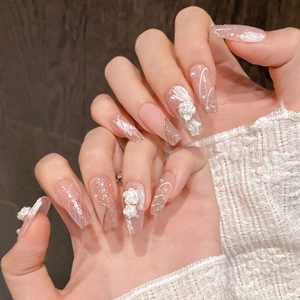 Pink aurora camellia press-on nails with 3D white roses and pearls in short coffin shape