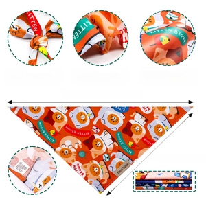 Orange pet bandanna with cat print and size dimensions showing lightweight fabric material