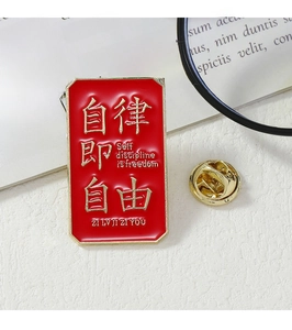 Detail of red enamel badge with gold inscription Self discipline is freedom text