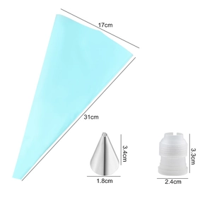 Blue EVA piping bag with stainless steel nozzle and converter with dimensions shown