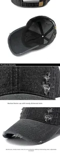 Detail of grey washed denim baseball cap featuring distressed holes and metal buckle
