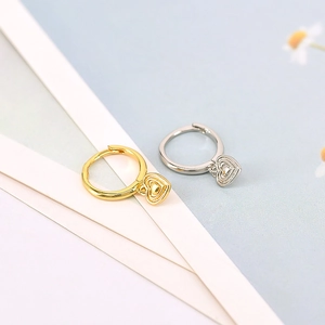 Minimalist S925 silver heart dangle earrings in gold and silver finish with textured relief