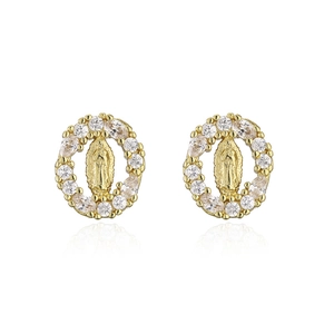 Gold Virgin Mary oval stud earrings with sparkling zircon halo on white background