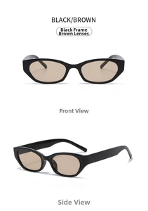 Detailed front and side view of cat-eye sunglasses with black frame and brown lenses