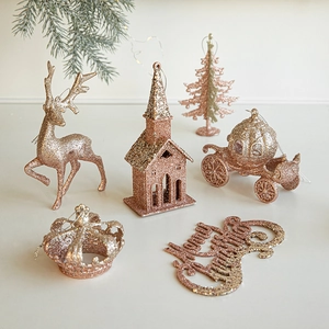 Christmas Hanging Ornaments Glitter Rose Gold Xmas Tree Decorations Reindeer Church Snowflake Shapes Holiday Party Home Decor