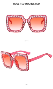Front and side views of rose red square sunglasses adorned with sparkling crystals