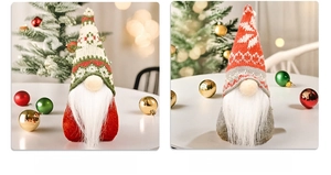 Detail of Christmas gnomes featuring knitted snowflake hats and long white fiber beards
