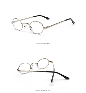 Dual perspective macro of silver oval metal frame glasses at 90 and 180 degrees