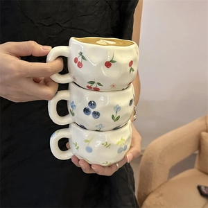 Handmade Ceramic Mug Hand Painted Floral Fruit Bear Pattern Korean Ins Style Irregular Coffee Cup For Breakfast Latte