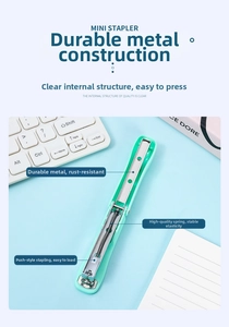 Detailed view of mint green mini stapler showing metal internal spring mechanism