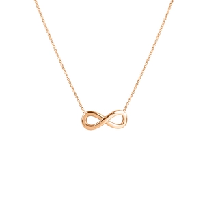 Collar minimalista con símbolo de infinito en oro rosa sobre fondo blanco limpio