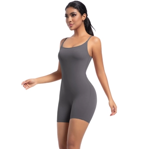 Close-up of gray high-elastic yoga bodysuit with spaghetti straps and slim fit design