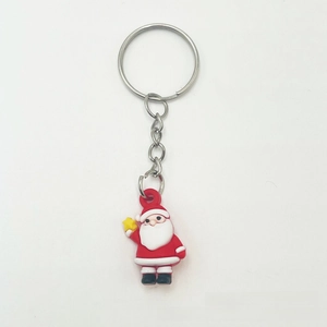 Detail showing a 3D mini Santa Claus keychain with silver ring on white background