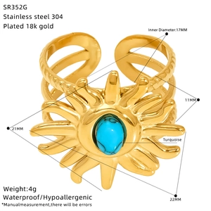 Detailed view of gold plated stainless steel sun ring with dimensions and blue stone inlay