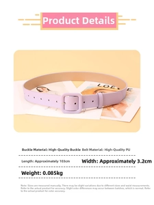 Detail view of light purple PU leather belt with square buckle and size specifications