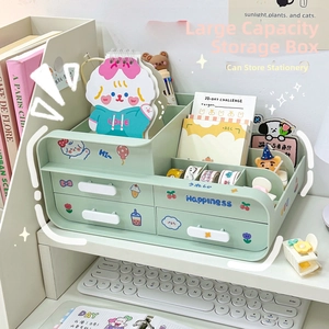 Detailed close-up of mint green desk organizer with multi-compartments and cute stickers
