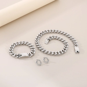 Polished silver Cuban link jewelry set including necklace, bracelet and earrings