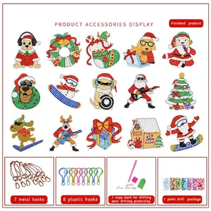 15PCS Christmas DIY diamond painting keychain kit with full tools and festive charms