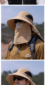 Detail of khaki outdoor sun hat with detachable face mask and neck flap for full protection