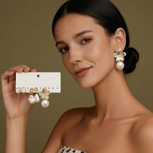 Six-piece vintage metal flower and pearl earring set in elegant gold finish for women