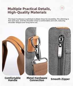 Detail of durable gray canvas bag showing leather handles and silver metal hardware