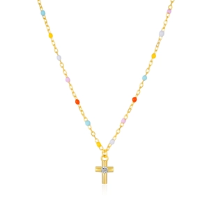 Gold s925 silver cross necklace with colorful beads and sparkling diamond pendant