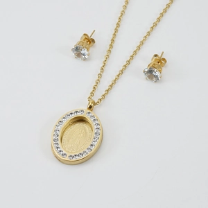 Jungfrau Maria Anhänger Halskette Und Ohrstecker 18K Vergoldeter Edelstahl Zirkonia Religiöser Schmuck Für Damen