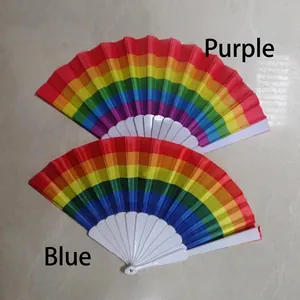 Rainbow striped folding fan with white plastic frame for dance and parties