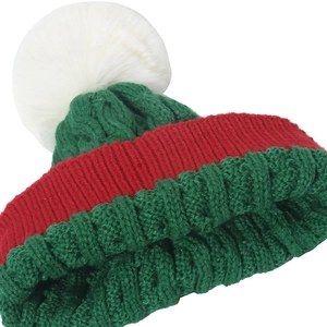 Chunky knit Christmas beanie with red and green color-block pattern and white pom-pom