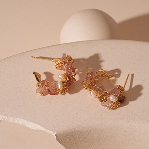 Sweet strawberry quartz and pearl C-shaped gold earrings with rose floral accents