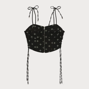 Slim fit black cotton camisole with silver cross floral patterns and front metal zipper