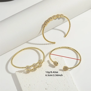 Fashion gold beaded open cuff bracelet set for women with diamond accents on white stone