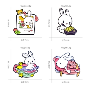 Cute cartoon rabbit enamel pin set in four styles with detailed size and weight specs