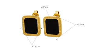 Detailed view of square titanium earrings with black acrylic center and Roman numerals