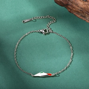 Detail of silver stainless steel beaded chain with colorful enamel map pendant and clasp