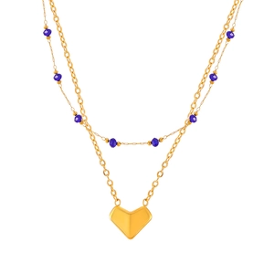 Double-layered gold titanium necklace featuring blue faceted beads and a heart pendant