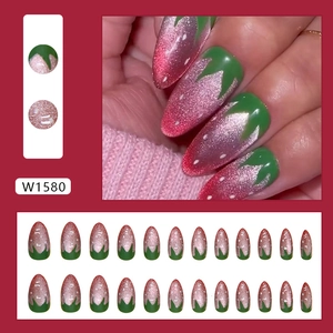 Pink cat eye strawberry press-on nails with glitter gradient and almond shape 24pcs