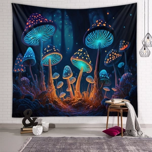 Detailed view of the psychedelic mushroom tapestry on a white brick wall in a cozy room