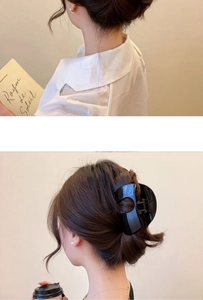 Vertical collage of a model wearing a large vintage black hair claw clip in a natural setting